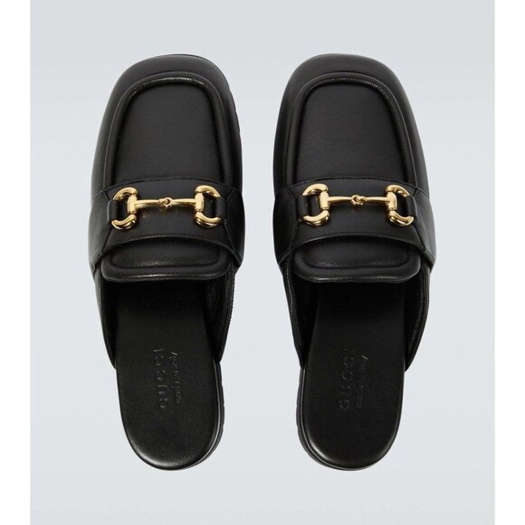 NEW GUCCI HORSEBIT MULE BLACK CHUNKY LEATHER OPEN BACK LOAFERS G 9 US 9.5 771076 - Picture 1 of 8